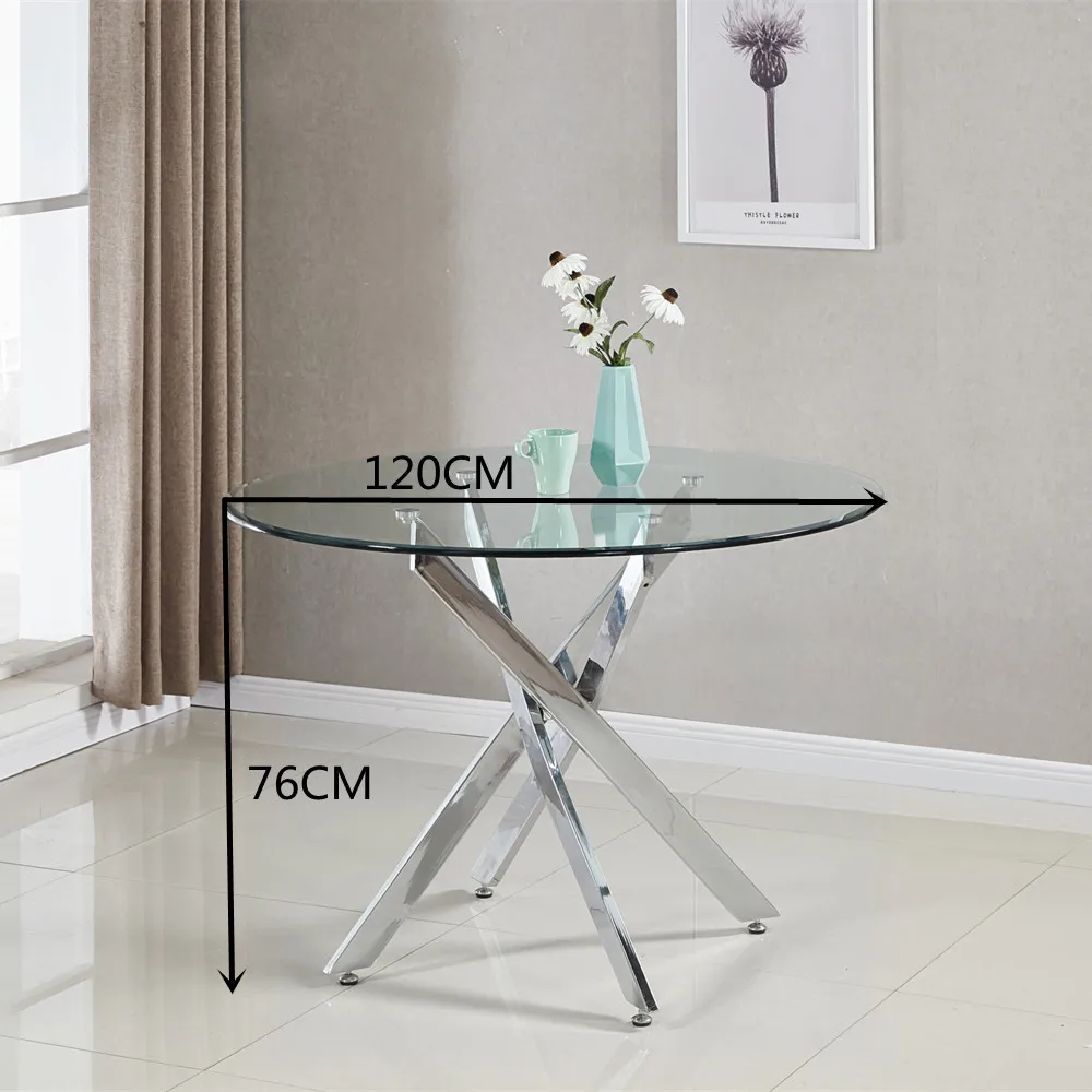 Clear Tempered Glass Round Dining Table silver stainless steel modern dining room table in Chromed Feet