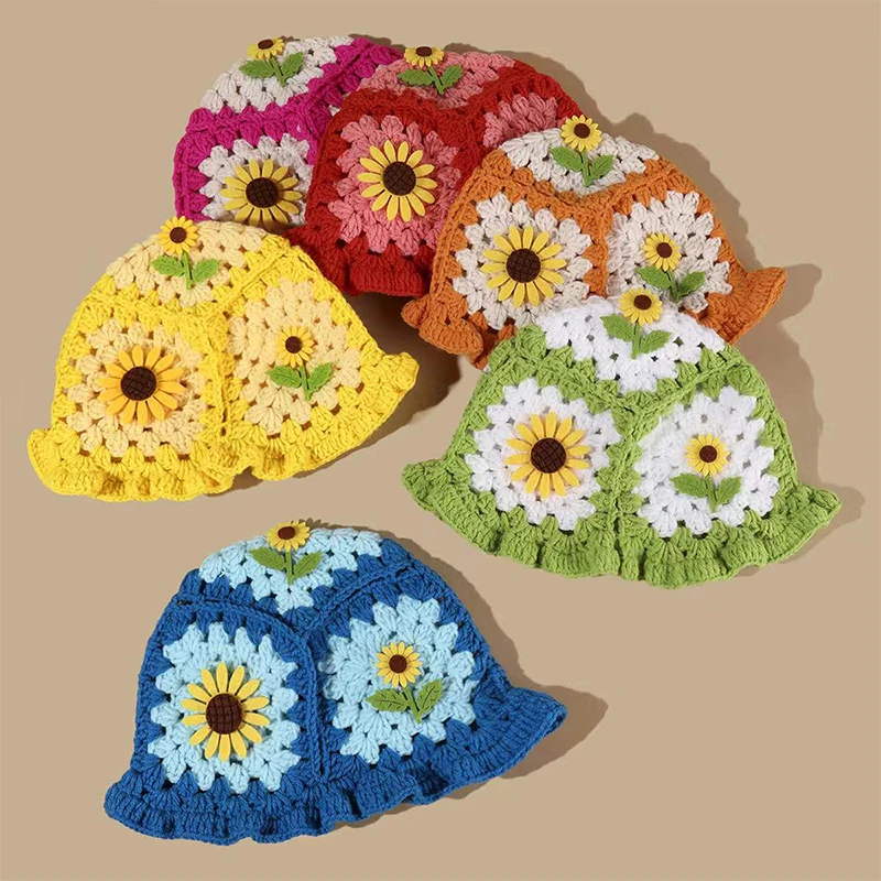 Женская вязаная шапка-ведро ручной работы с цветочными цветами