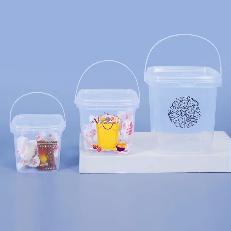 Custom Logo Printed Square PP Clear Party Bucket 5oz 12oz 16oz 24oz 32oz Plastic Cup with Handle and Lid for Tea Juice Milk