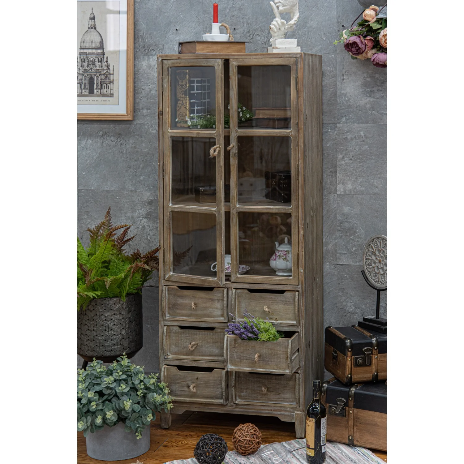 Деревенский американский деревенский стиль, античный деревянный высокий шкаф, деревянная мебель, декоративные шкафы для хранения с дверями и ящиками