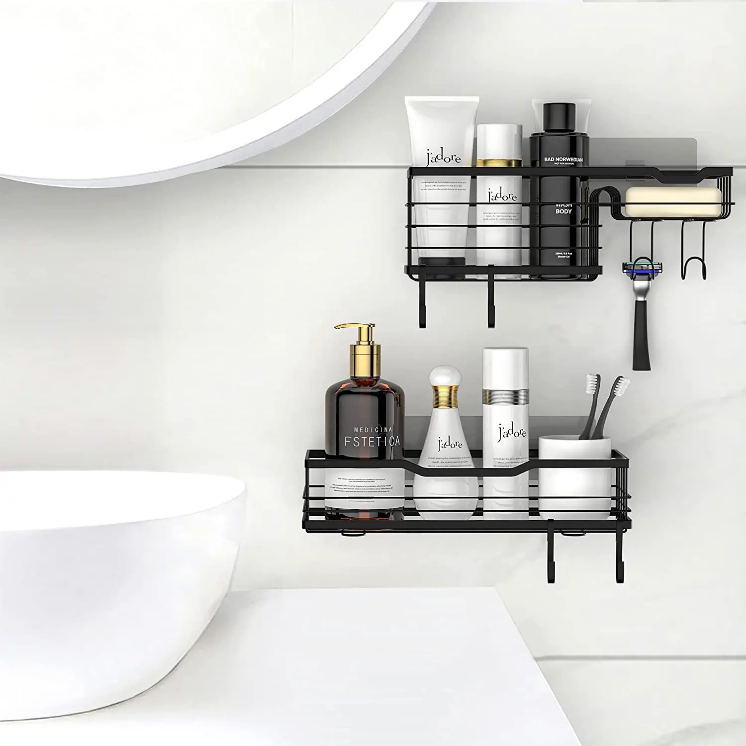 Stainless Steel No Drilling Wall Mount Rustproof Black Bathroom Accessories Basket Shelves with Hooks shower caddy bath shelf