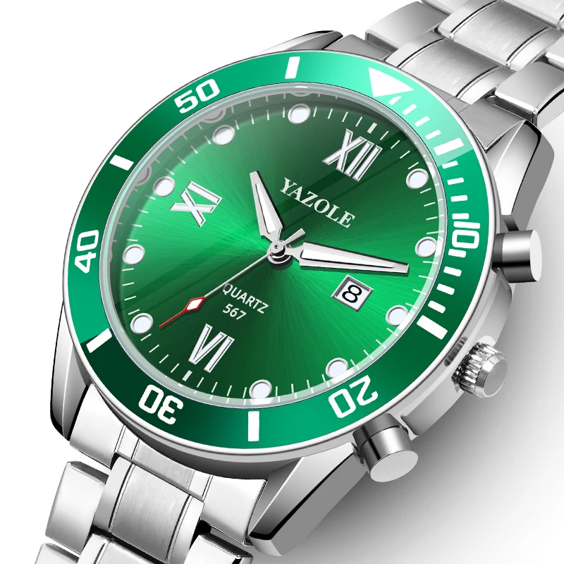 Часы YAZOLE D 567-S Мужские кварцевые роскошные спортивные брендовые водонепроницаемые подарочные с зеленым циферблатом календарем из