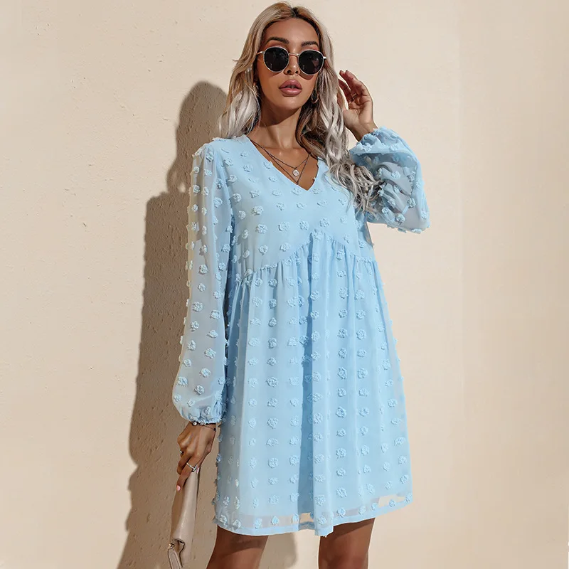 Women Long Sleeves Short Mini Dress V Neck Flow Casual Swiss Dot Loose Fit Baby doll Dress