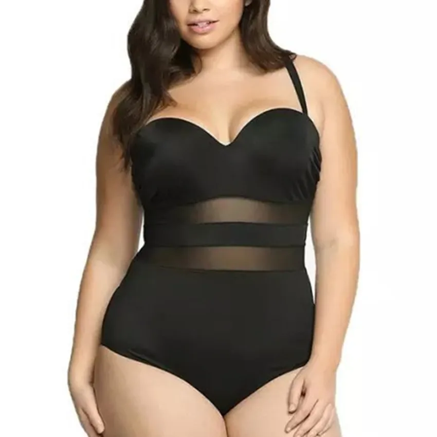 Mesh Inserted Push Up Swimming Suit Black Monokini 2023 New Swimwear Swimsuit Plus Size Bikini Set