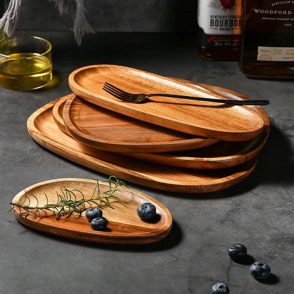 Besafe Irregular Oval Wooden Acacia Wood Serving platters tray Decorating Plates for Snacks Breads Desserts Cheese Fruit