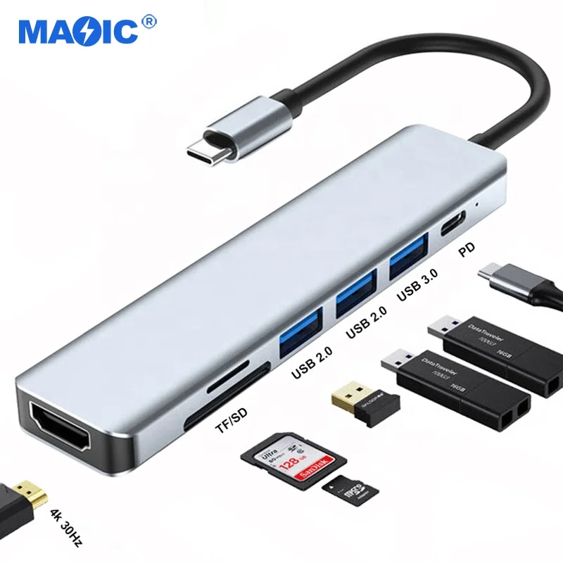 Computer Hardware Software docking station 7 in 1 Hub Type C to 4K HDMI USB 3.0 USB 2.0 TF SD PD USB C Hub Adapter