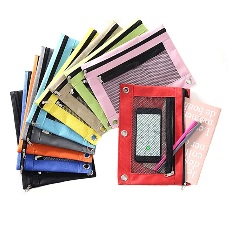 
3-Ring Pencil Pouch Binder Stationery Bag 3 Ring Binder Zipper Pencil Pouch with PVC Mesh Window 
