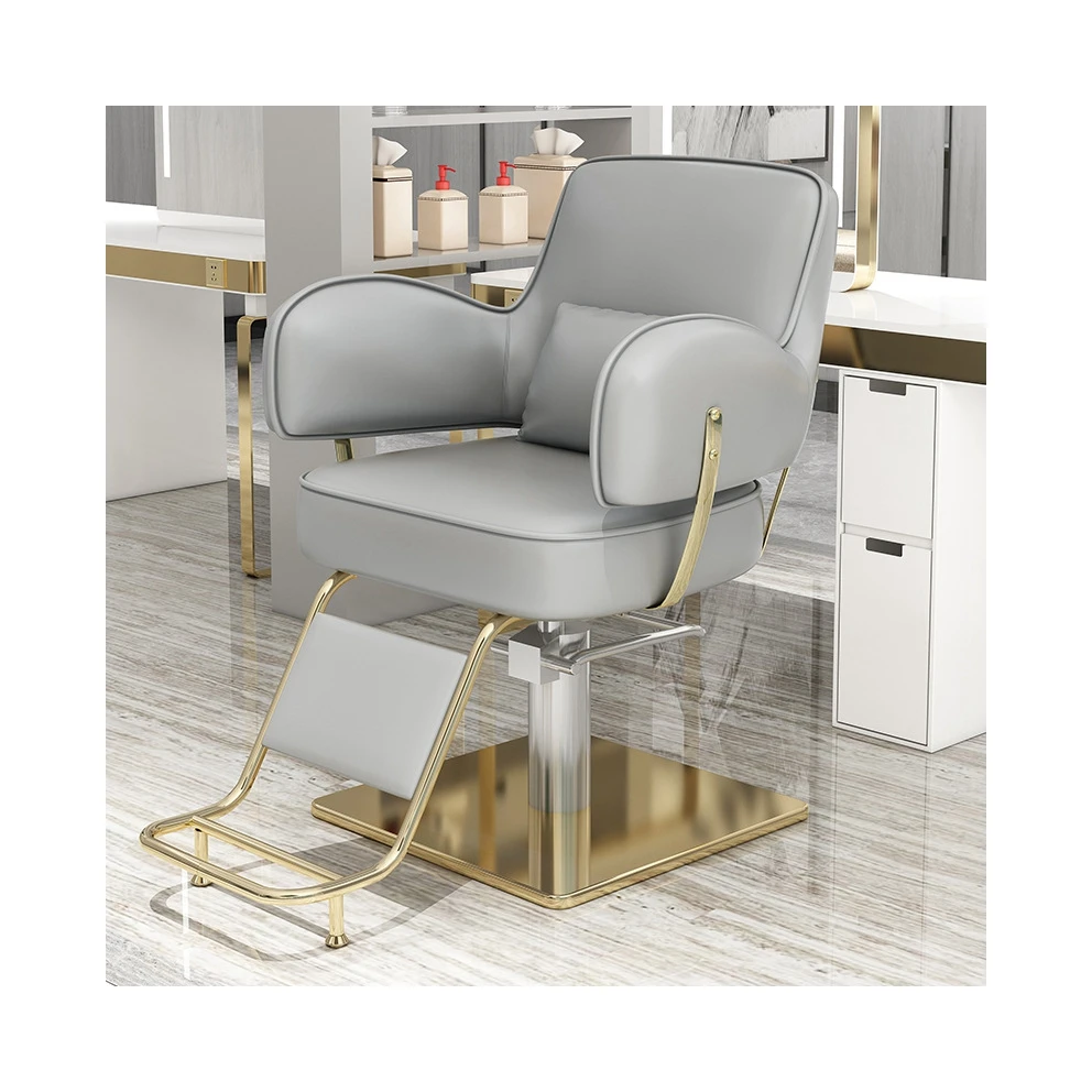 Velvet Fabric Hairdressing Make Up Styling Chair Gold Round Base And Footrest Hair Salon Furniture