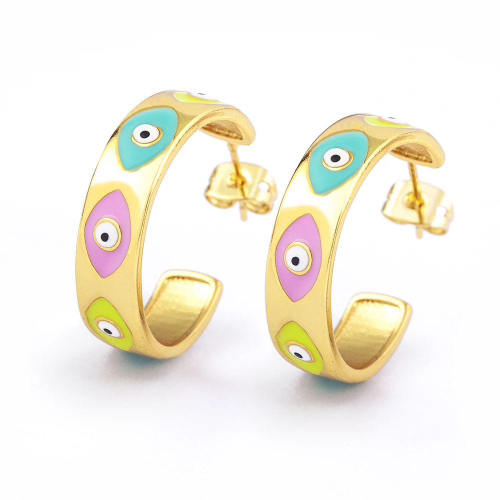 High Quality 18k Gold Plated Enamel Oil Evil Eyes Earrings CZ Copper Round Hoop Earrings Women Jewelry Factory Wholesale Price