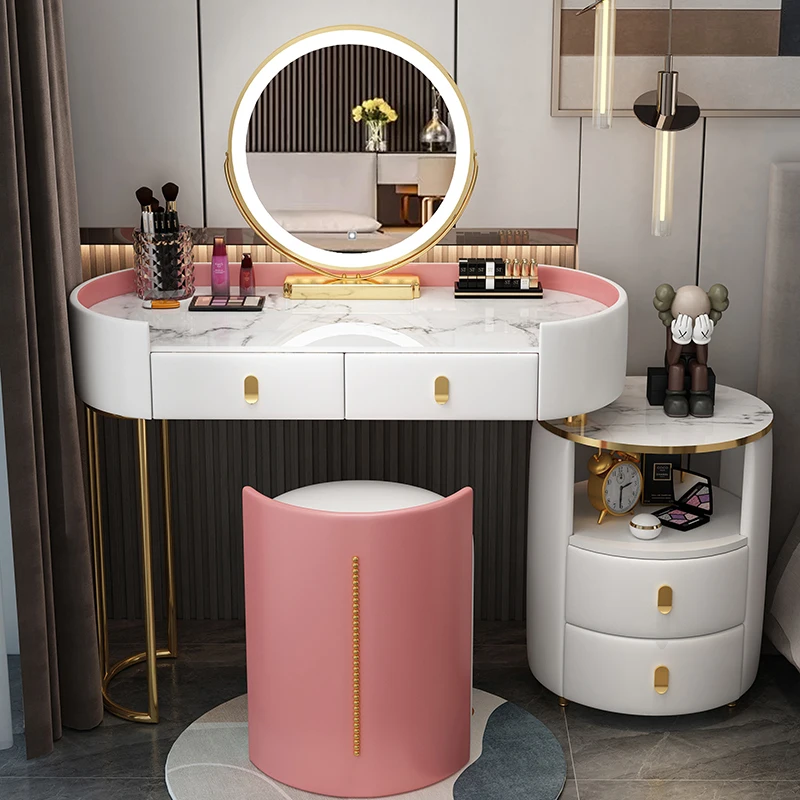 Vanity Set Round Necklace Hooked Mirror 4 Drawers 4 Organizers Makeup Dressing Table with Cushioned Stool ChairEasy Assembly