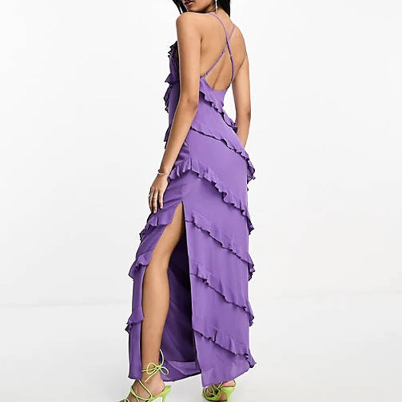 Custom Lady Elegant Sexy Dress Purple Cross-back Straps Tiered Ruffle Slit Vacation Women Midi Dress