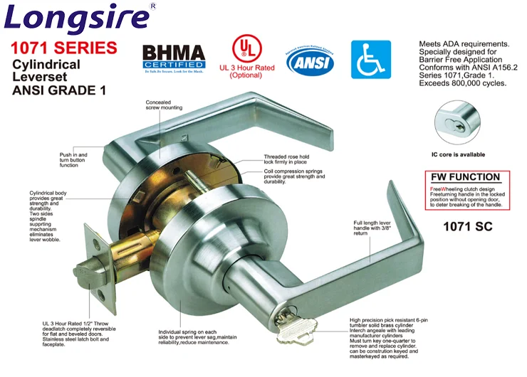 USA Canada market ANSI GRADE 1 cylindrical leverset door lock entrance entry door
