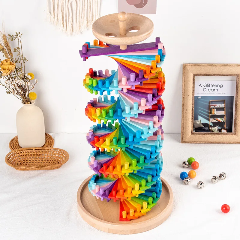 Marbles Toy Wooden Rainbow Blocks Assembled Track Racing Pinball Game Rainbow Wooden Toy
