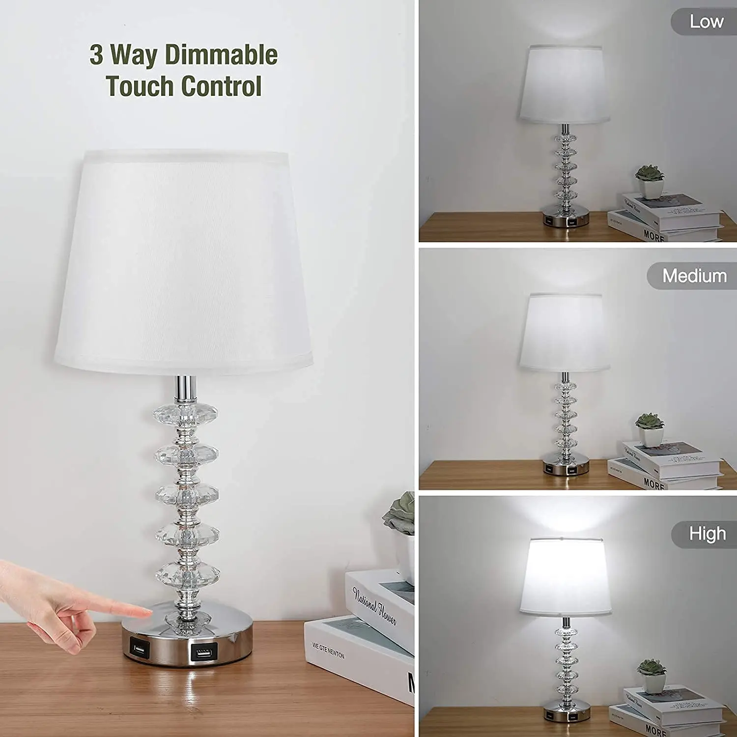 Modern Bedside Lamp Touch Control Crystal Table Lamps 3 Way Dimmable with Dual USB Ports