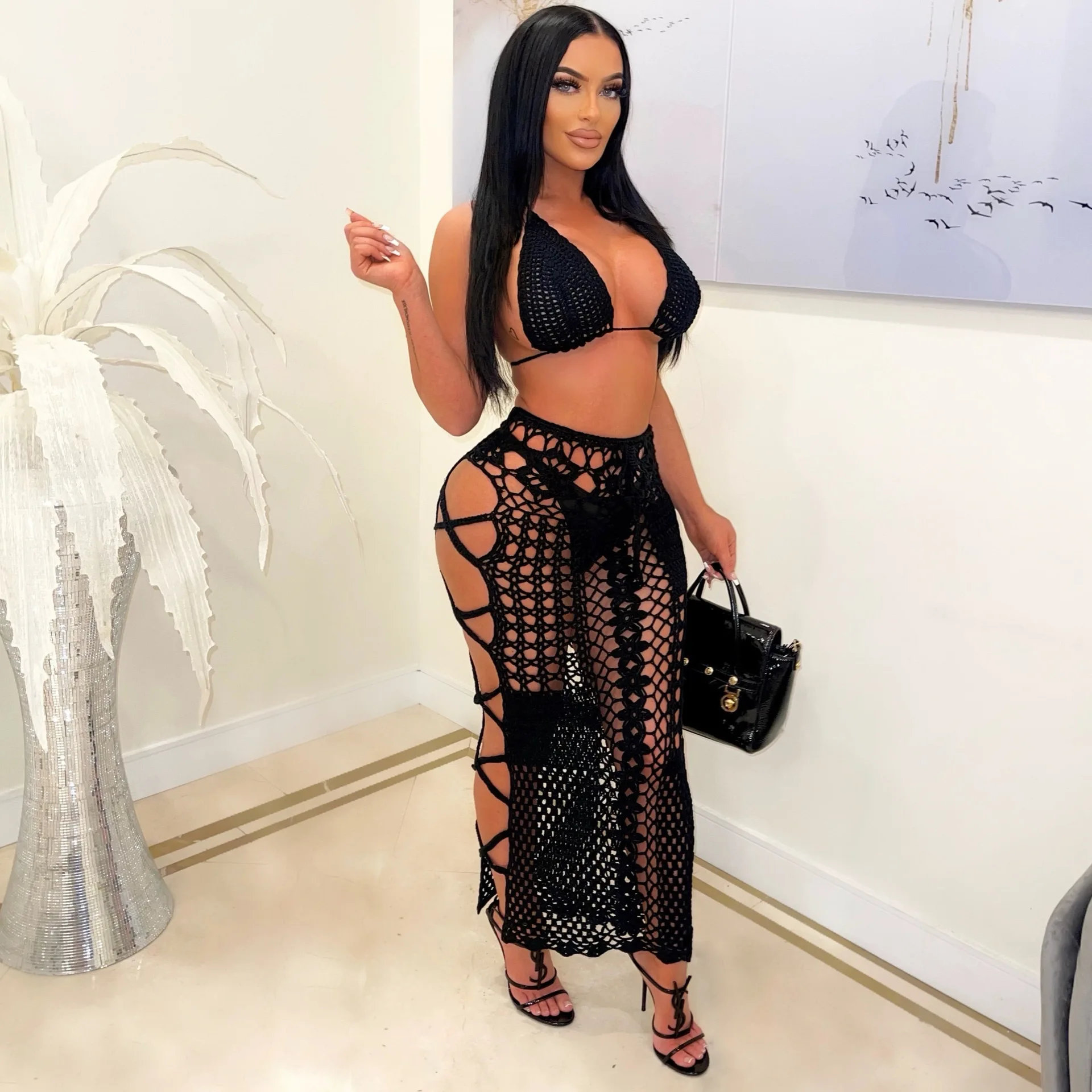 Hand Make High Quality Crocheted Skirts 2 Piece Skirt Set Netted Cutout Bra Skirts  2023