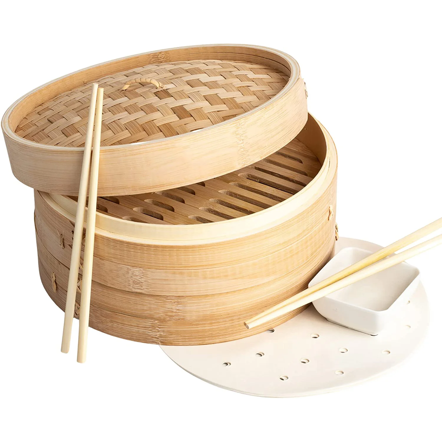 10 inch Bamboo Steamer Basket 2 Tier Food Steamer with 2 Sets of Chopsticks
