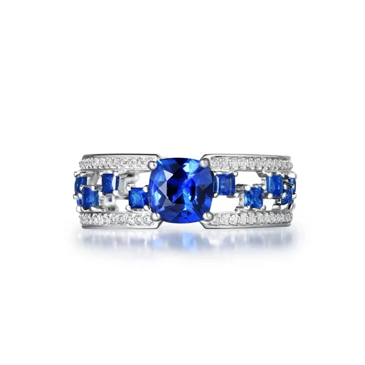 Customized Luxury Unisex  Row Ocean Square Sapphire Diamond Rings 18k Gold Natural Diamond Rings Party Wedding Anniversary Gift