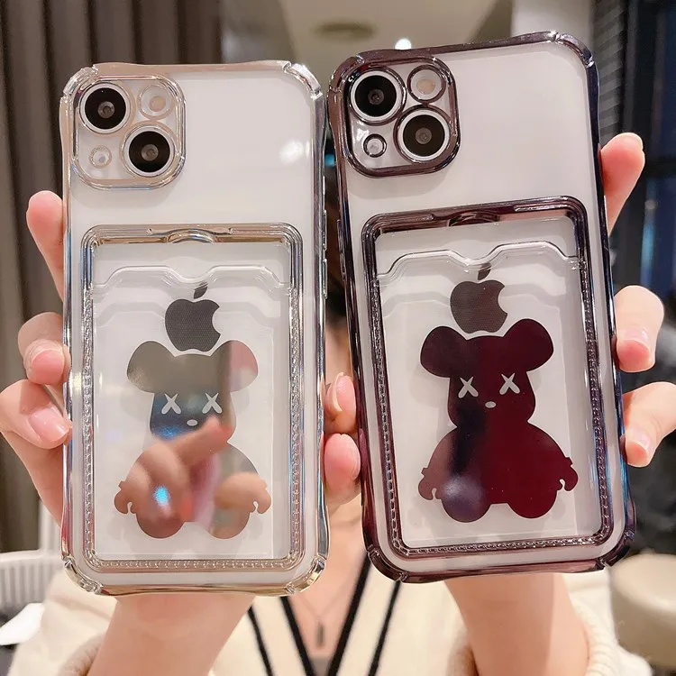 Transparent Plating Violent Bear Case for iPhone XS XR 13 12 11 Mini Wholesale Silicone Back Cover With Card Bag