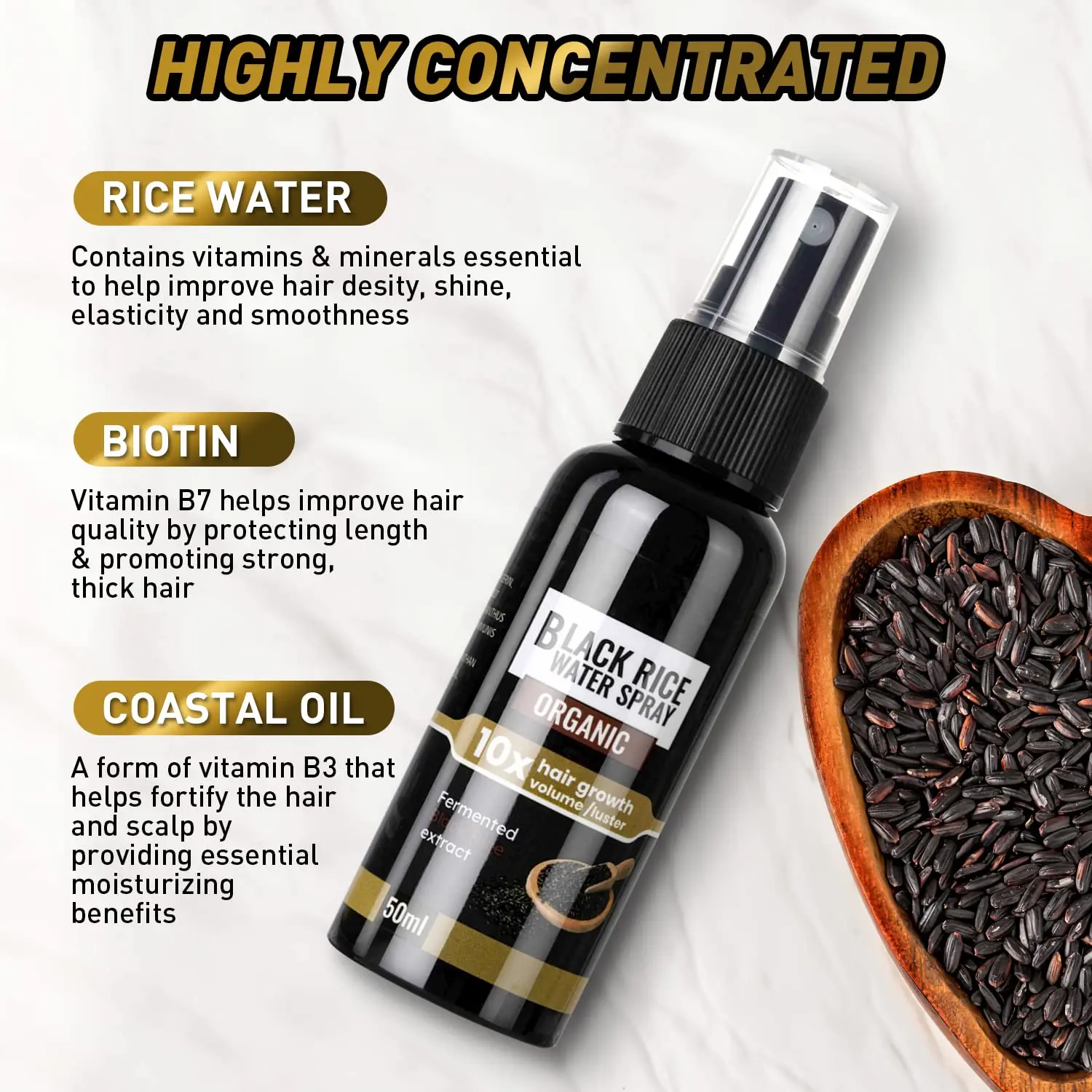 BLIW Private Label Organic 50ML Black Rice Water Powerful Products Serum Oil Natural Hair Growth Spray for hair care