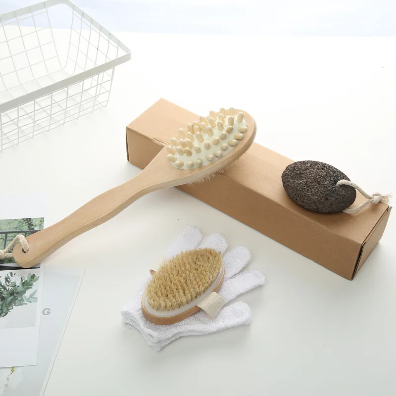 Promotional Wood Bath Accessory Set Double-Side Brush, Foot Grinding Stone, Hand Brush and Nylon Gloves Spa Set Bath Gift Set