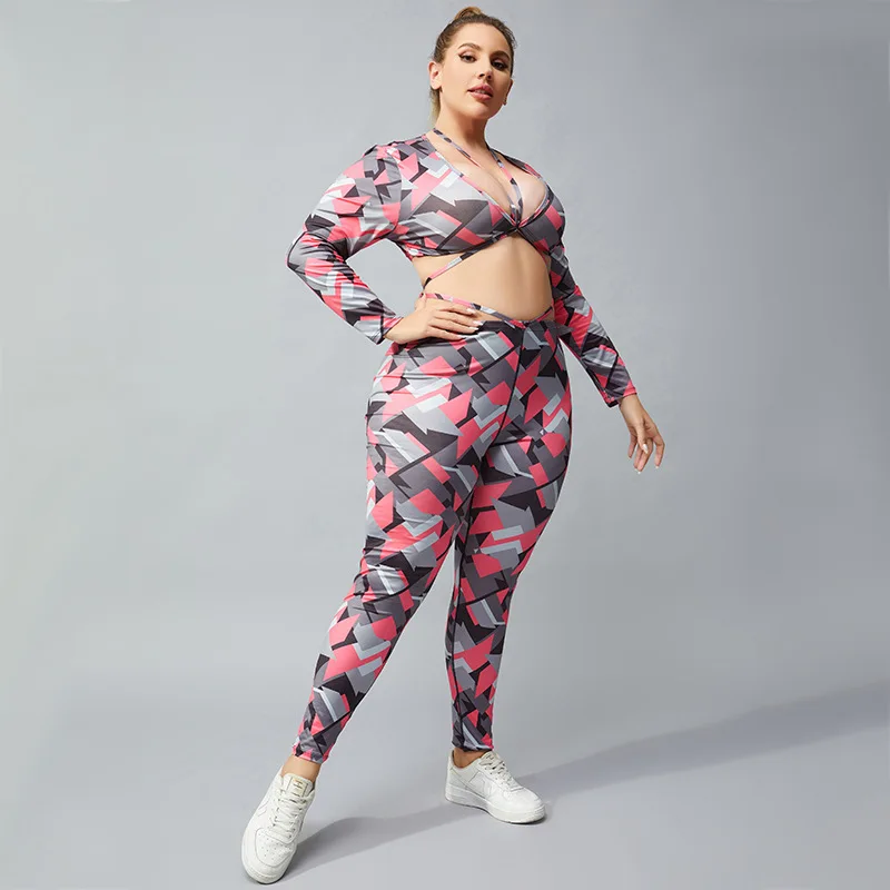 Sexy Xxl Plus Size Two-Piece Quick-Drying Printed Outdoor Sports Tights Suit Gym Seamless Camo Long Sleeve Yoga Clothing Sets