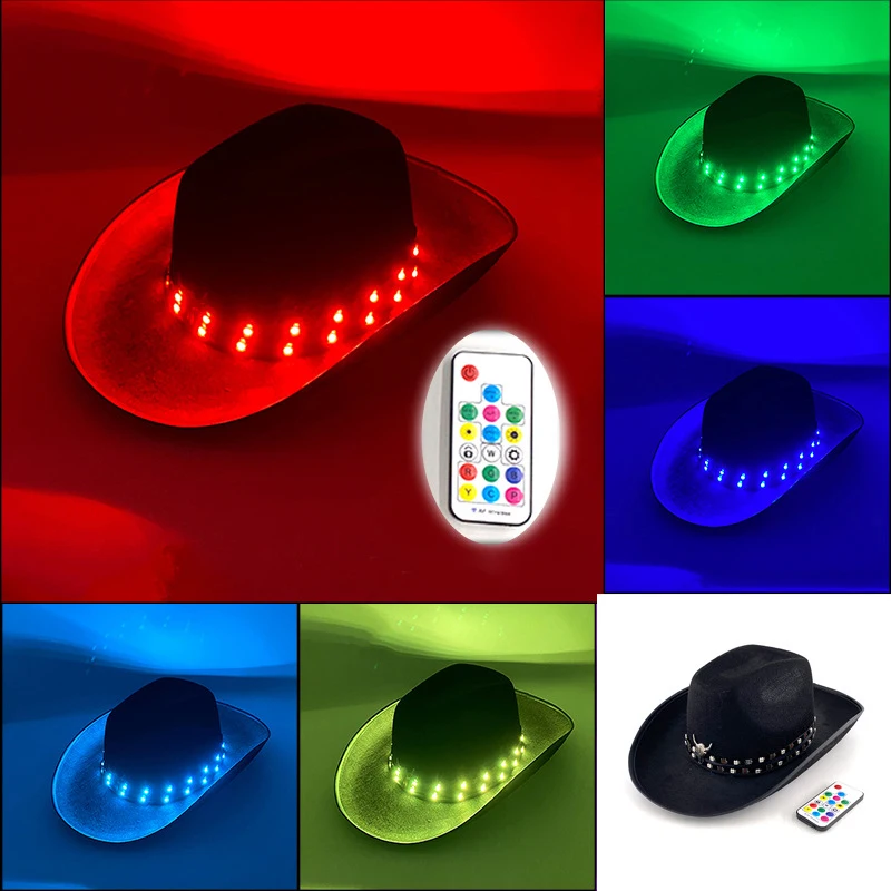 Halloween Carnival Party Led Flashing Straw Cowboy Hats Colorful Light Up Cowboy Hat Bulk
