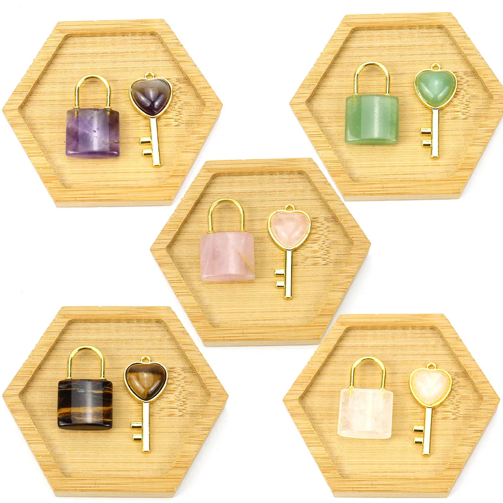 Creativity natural stone Love key lock pendant necklace gemstone jewelry crystal rose quartz amethyst pendant for couple