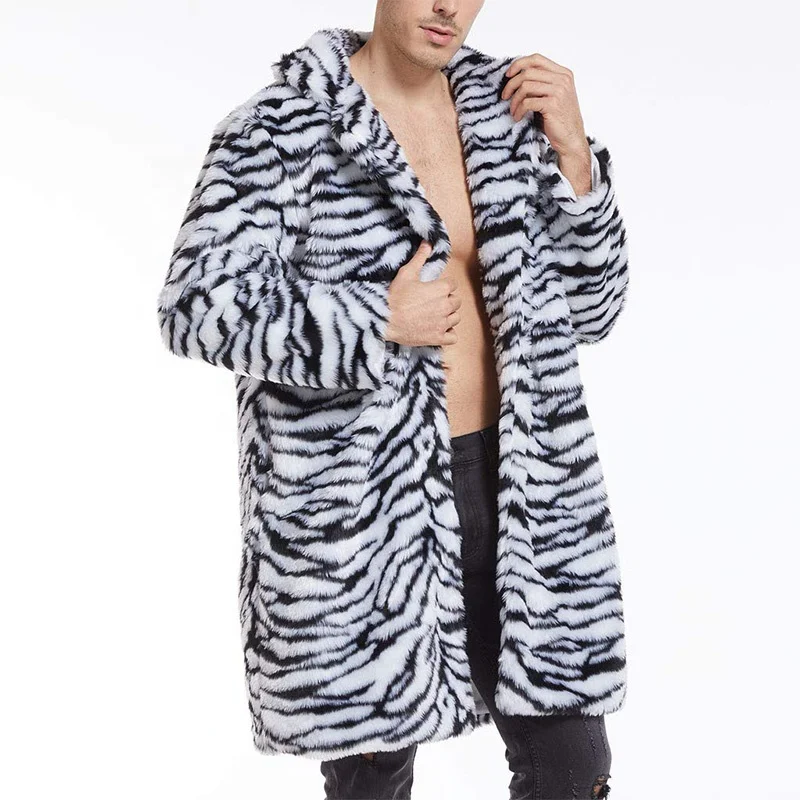 Mens Brown Faux Fur Coats Zebra Print Jacket Woolen Blazer Long Overcoat Tiger Print Tops Womens Cardigan Wool Coat