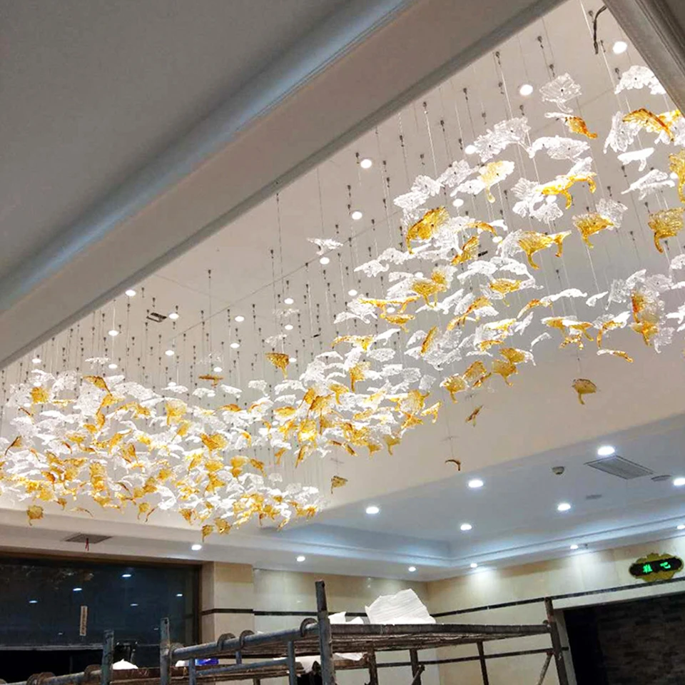 Hotsale Decor Transparent Leaf Shape Lobby Villa Hotel Purple Yellow Chandelier Murano Glass for Project case Custom