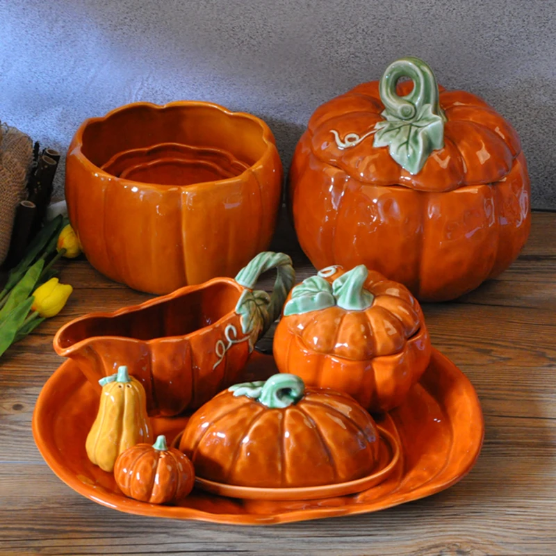 Home Decor Crafts Ornaments Lovely Ceramic Crafts Ceramic Pumpkin Halloween Pumpkin Plate And Jar