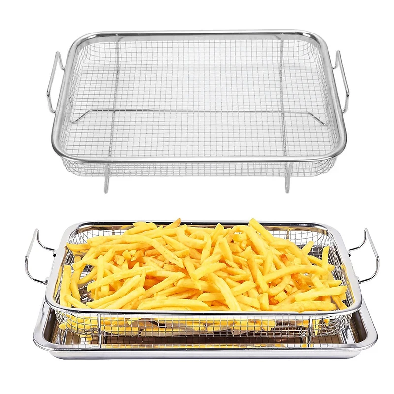 Custom Baking Grilling Serving Stainless Steel Crisper Tray Metal Mesh Air Fryer Convection Oven Fry Basket