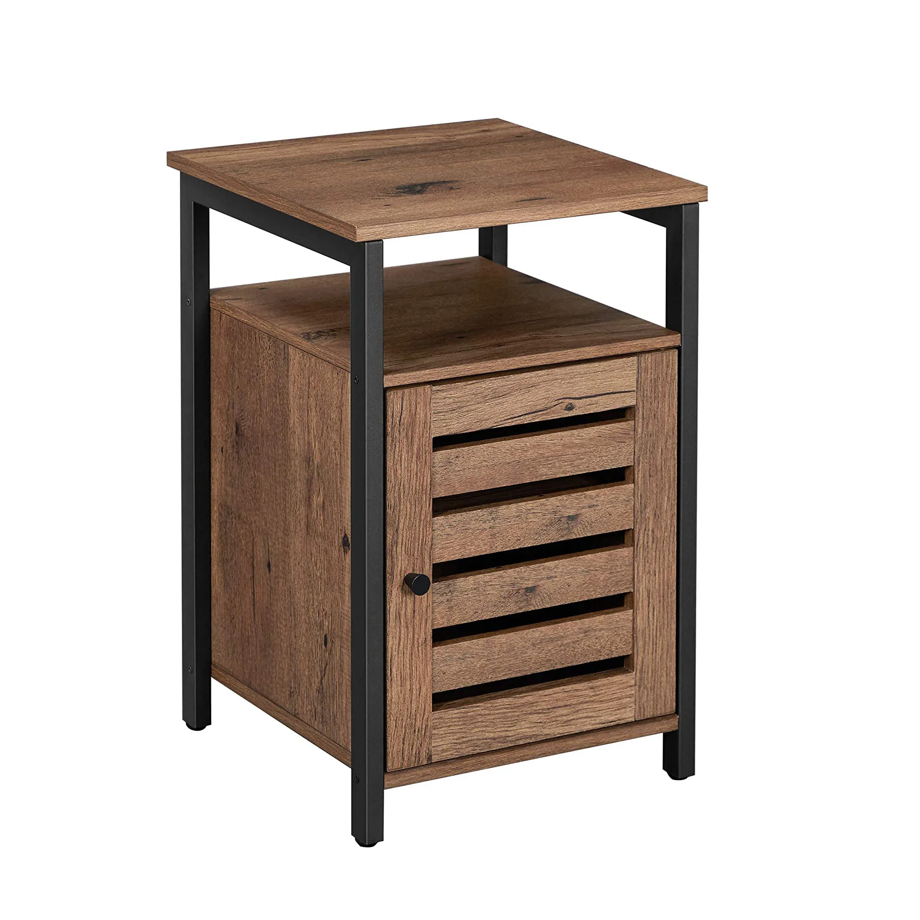 Hazelnut Brown + Black Industrial Nightstand End Table with Open Shelf and Steel Frame  Suitable  for  Bedroom
