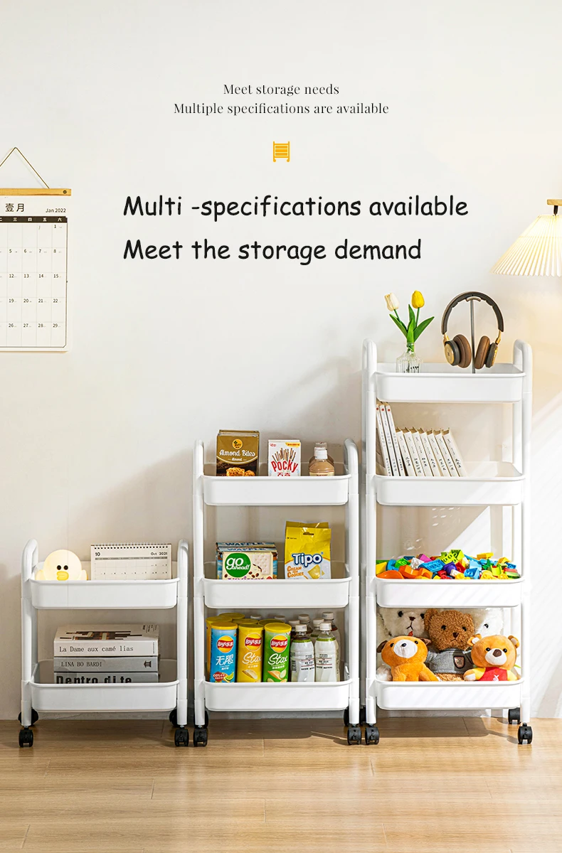 3-Tier Rolling Storage Rack Plastic Mobile Shelving Cart with Lockable Wheels for Bathroom Kitchen