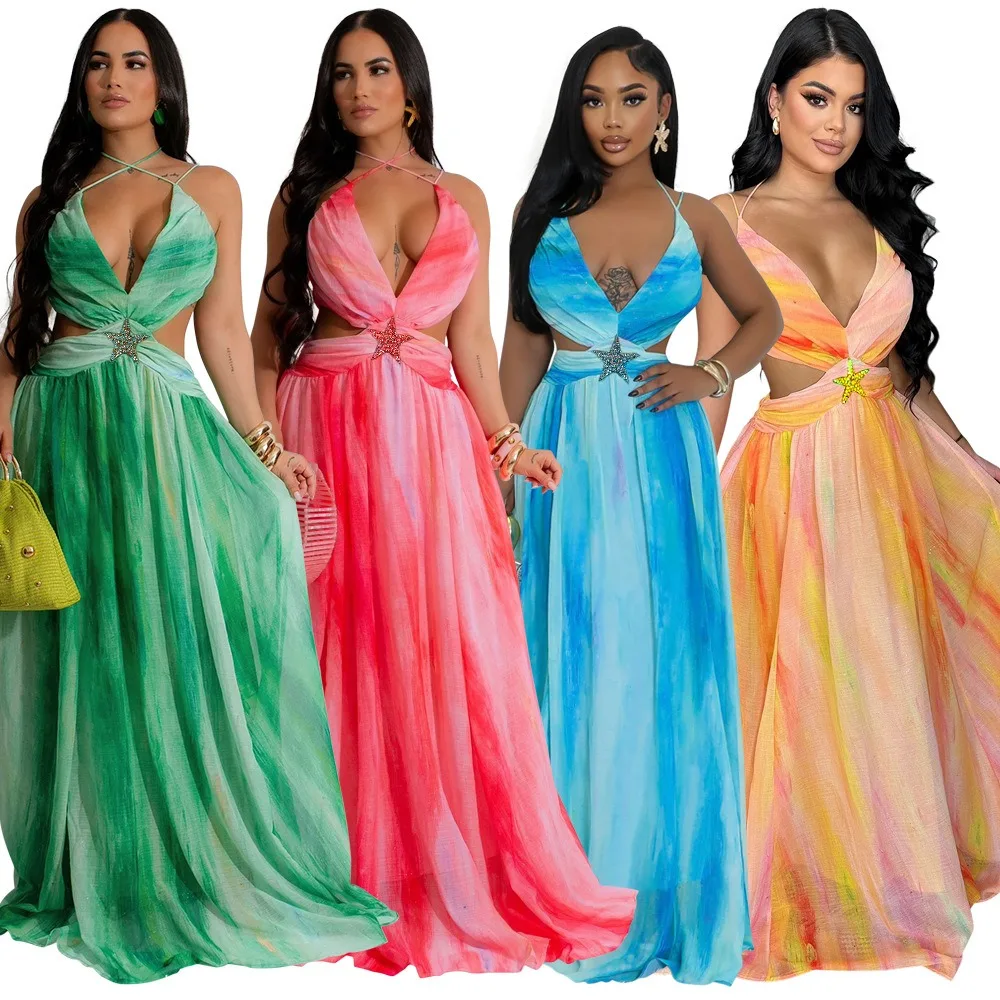 QuiteS New Vacation Elegant Lace Up Sleeveless V-Neck Print Skirt Women Long Dress Custom Fashion Summer Sexy Maxi Dress