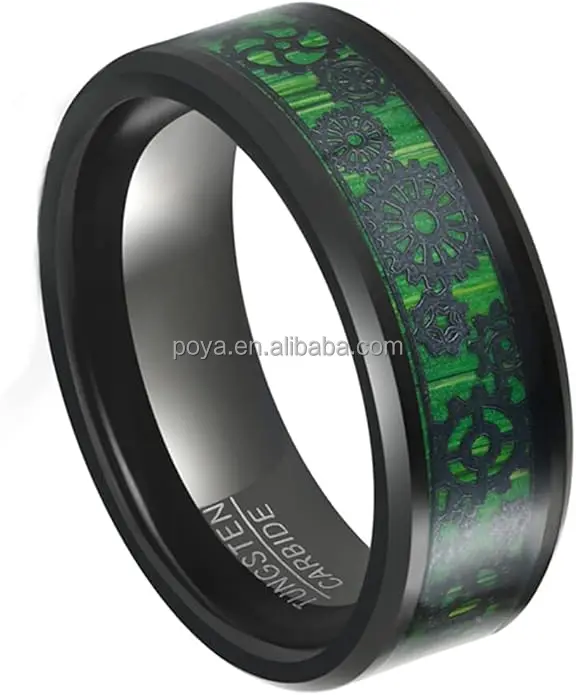 POYA Jewelry 8 mm Black Tungsten Carbide Wedding Engagement Ring Steampunk Green Carbon Fibre Gear Inlay Bevelled Edge Men Gift