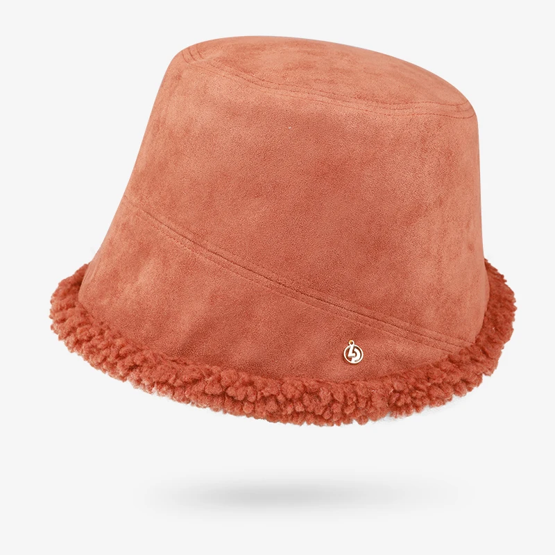 Warm fleece fabric Winter bucket,sude fabric outside,custom metal logo winter cap