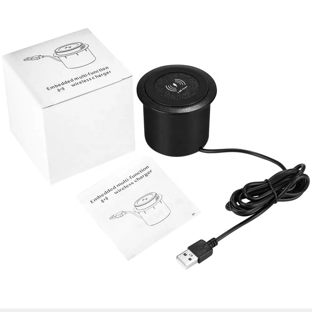 Best Selling Desktop Embedded Wireless Charger For Furniture Use With Extra 2 Retractable USB-A Output Charging Ports