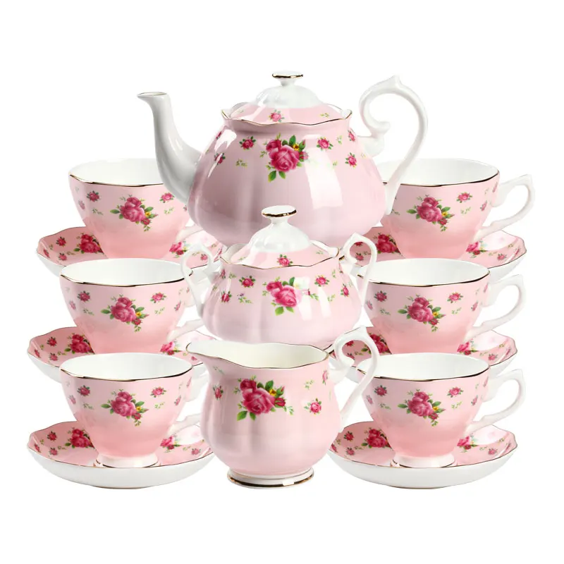 Grace tea sets with pink flower pattern Custom tea set/ Royal Style 15pcs coffee sets