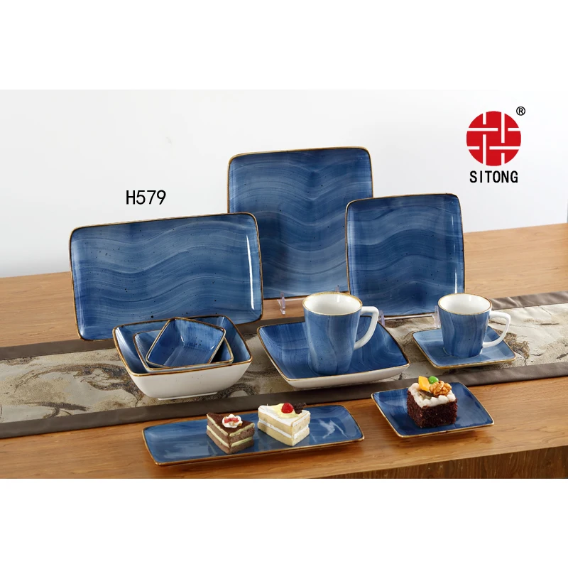 Wholesale New Blue Square Bowl Plate Porcelain Fish Plates Dinnerware Cup Color Ceramic for Home Carton Dinnerware Sets Country