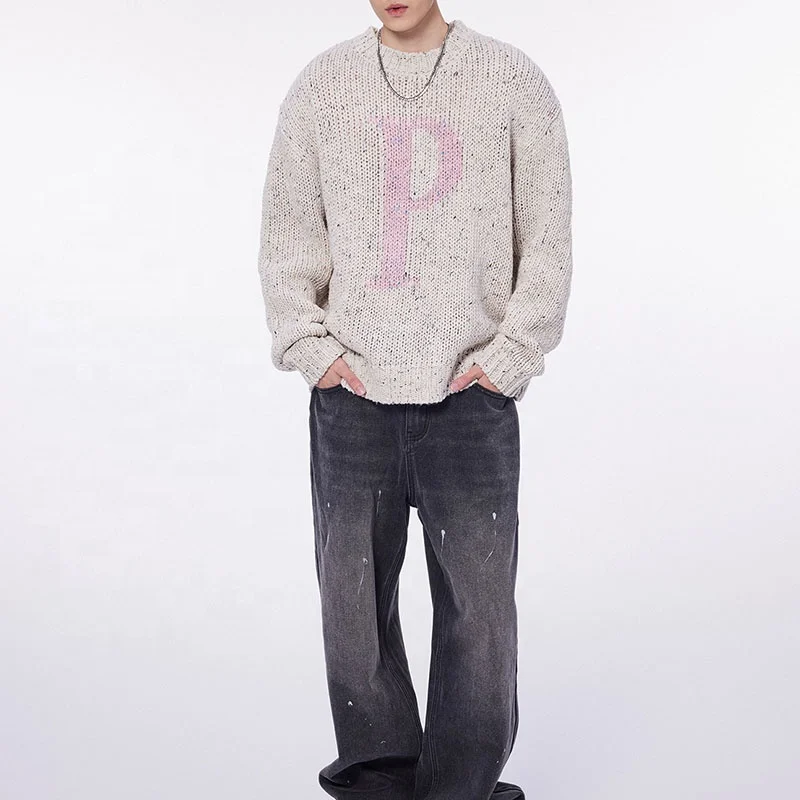 Winter Oversized Knit Sweater Pullover Crew Neck Drop Shoulder Jacquard Knitted Pullover Womens Sweaters