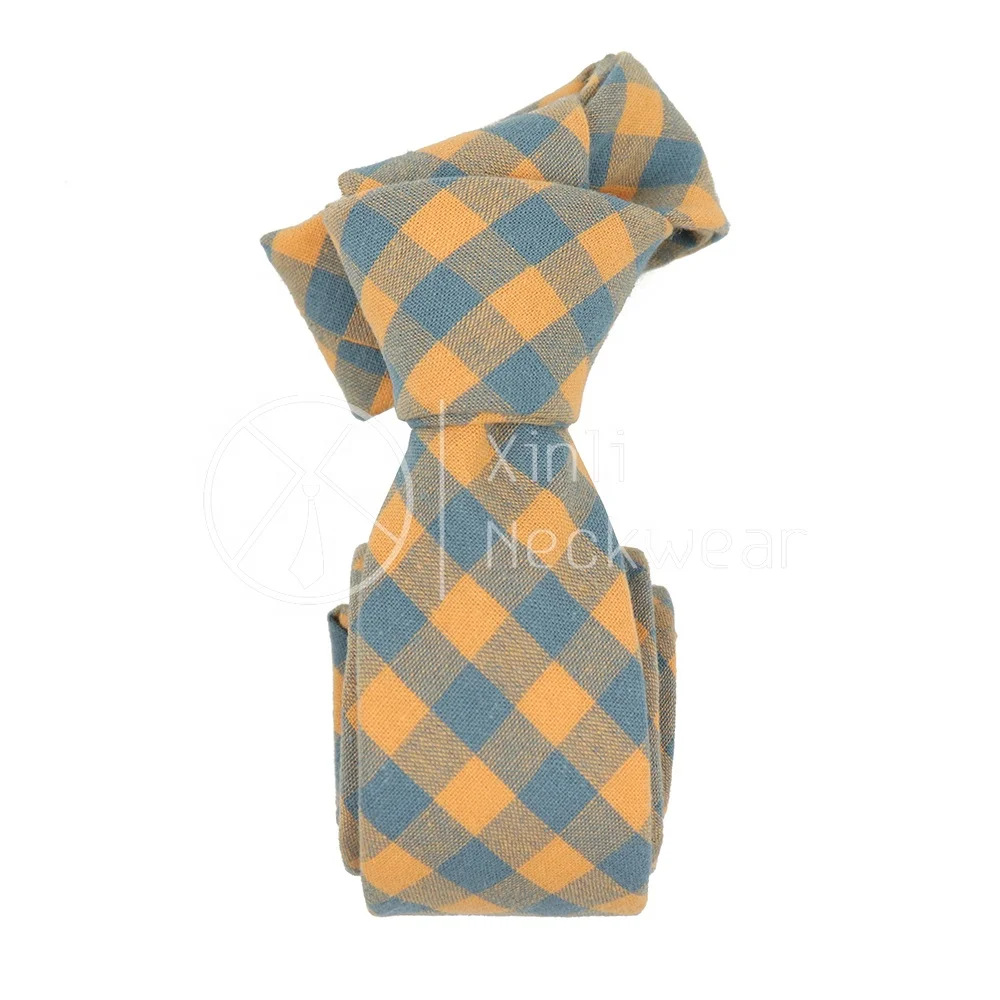 Pure Handmade Orange Blue Gingham Printed Cotton Tie High Quality School Uniform Slim Ties Supplier