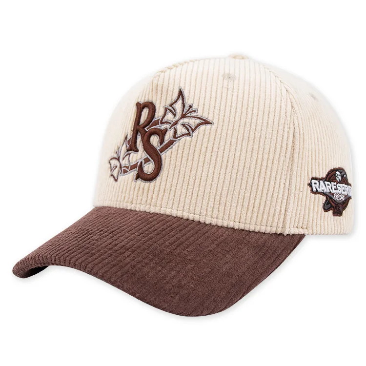Qianzun color block vintage corduroy hat custom embroidery 5 panel a frame baseball cap with corduroy fabric