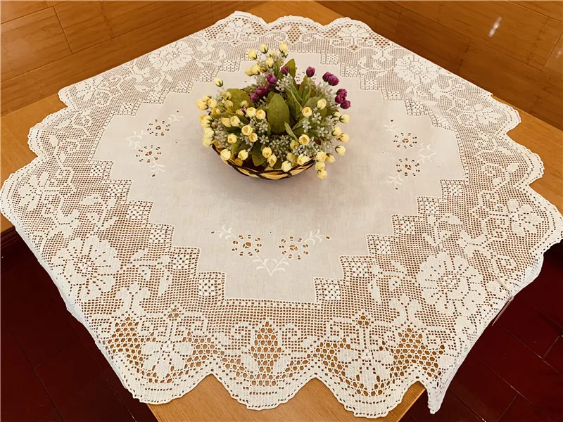 
White blend fabric handmade crochet hollow round tablecloth 