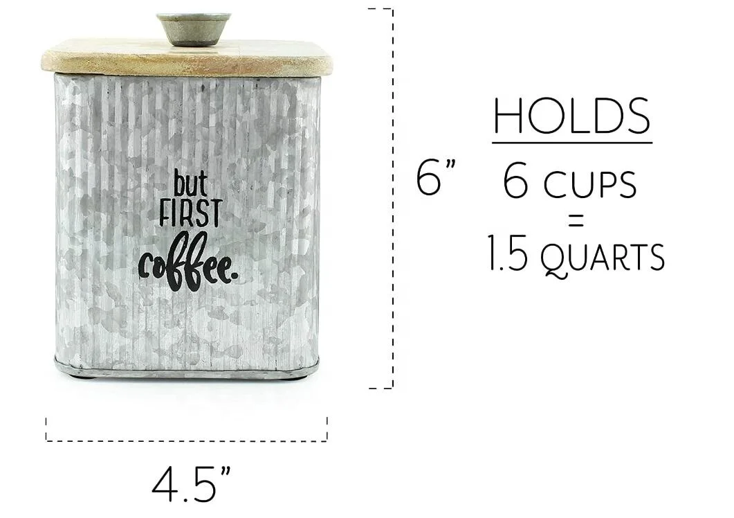 Farmhouse Galvanized Canisters Set of 3 Storage Containers for Coffee and Tea and Sugar in Galvanized Iron and Wood Design