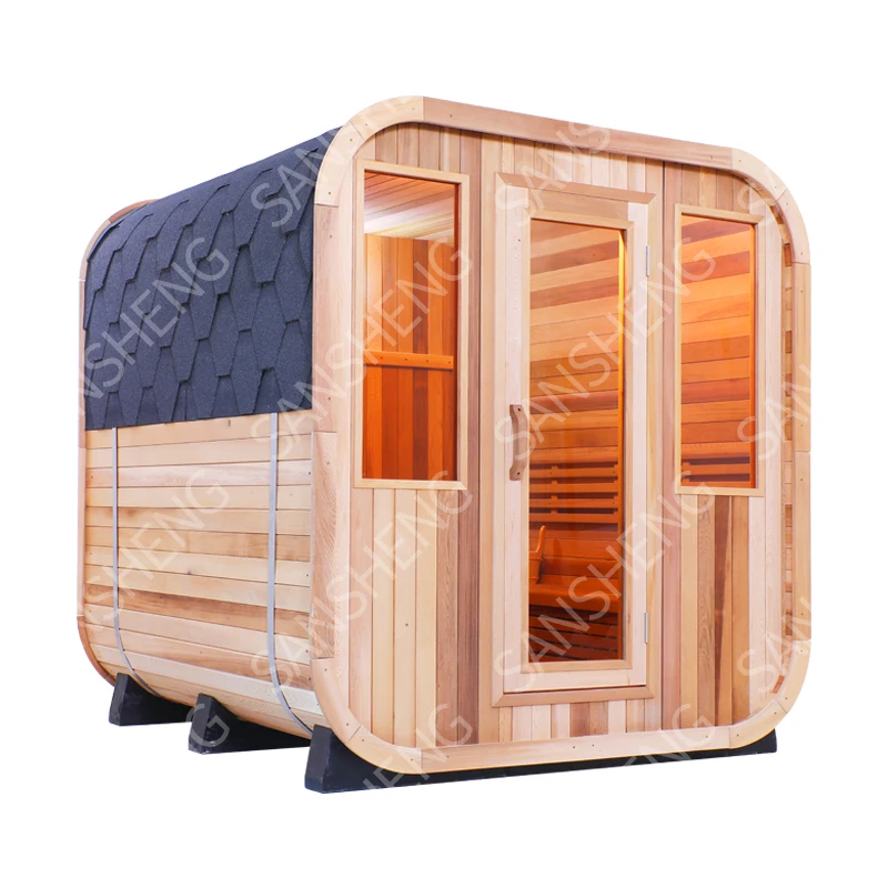 Optional Size Thermowood Spa Tubs Outdoor Square Cube Sauna Rooms with Asphalt Shingle Roofs