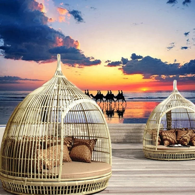 Patio Round Rattan Daybed Furniture Garden Backyard Swimming Pool Outdoor Rattan Wicker Birdcage Sun Bed