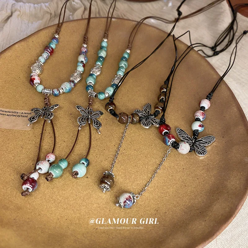 New Chinese Ceramic Tassel Multi-Layer Braided Rope Necklace National Fashion Retro Clavicle Chain All-Matching Women