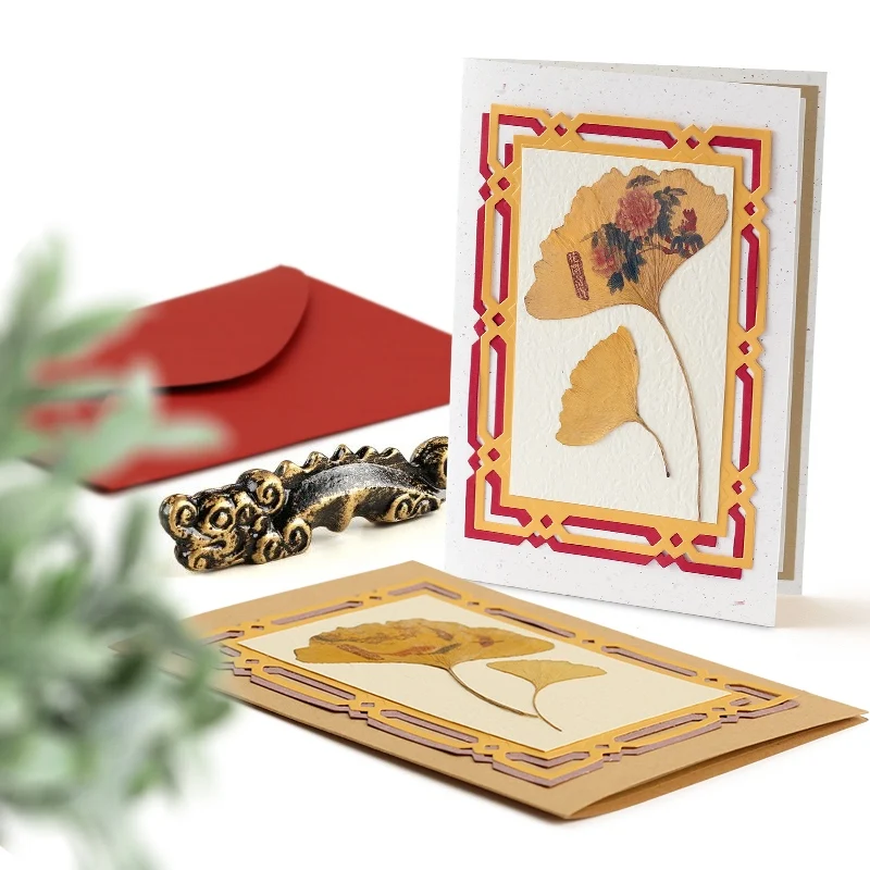 Aegean Gift 2022 Greeting Cards Unique Craft Dried Ginkgo Leaves Lasercut Invitation Cards Of Occasions Luxury