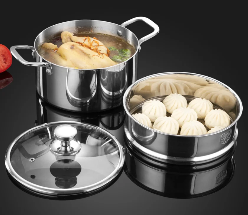 High Quality  Kitchen Cooking  Stainless Steel Steamer Pot 2 Layer Steamers With Glass Lid