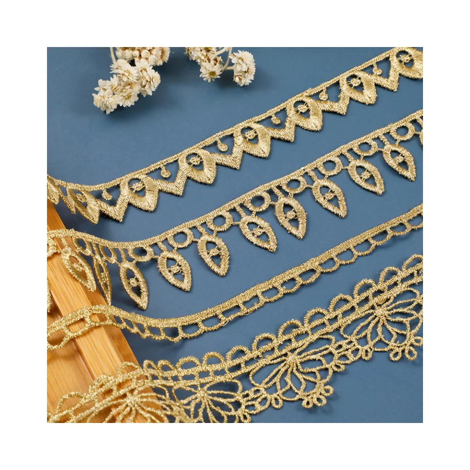 wholesale 35mm polyester golden hollowed out embroidery lace trim fabric for wedding dresses garment